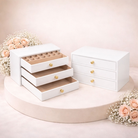 Hộp trang sức chữ nhật 3 tầng sơn mài trắng - 30x20 H18 cm