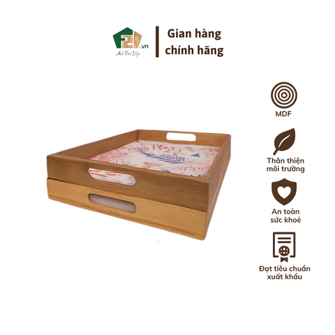 Khay Chữ Nhật Sơn Mài In Họa Tiết Lá Nhiệt Đới
