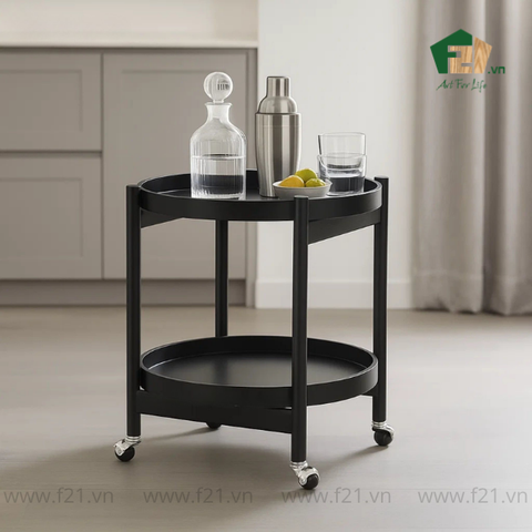 Xe đẩy rượu sơn mài 2 tầng kèm khay tròn tháo rời