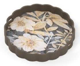 Khay tròn sơn mài họa tiết hoa mẫu đơn trắng