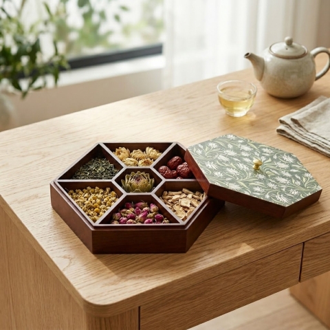 Hộp bánh mứt lục giác gỗ walnut lá thường xuân - 30x26 H10 cm