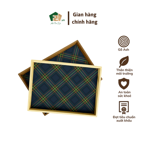 Khay gỗ chữ nhật họa tiết vải