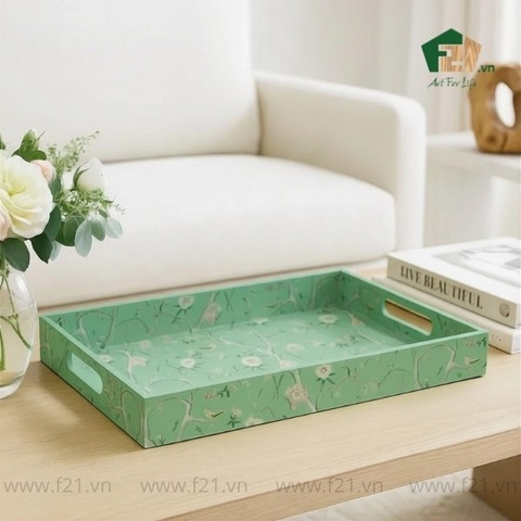 Khay chữ nhật sơn mài họa tiết có tay cầm