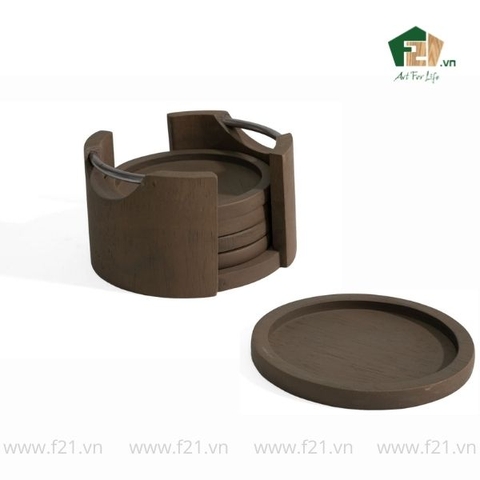 Bộ lót ly gỗ cao su có tay cầm kim loại