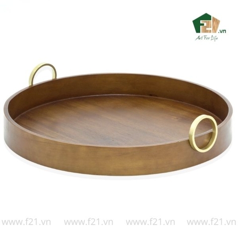 Khay tròn gỗ tự nhiên có tay cầm kim loại