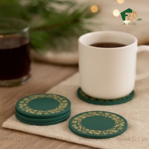 Bộ lót ly sơn mài họa tiết vòng nguyệt quế
