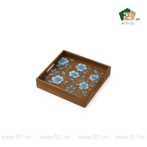 Khay gỗ tràm họa tiết hoa cúc xanh