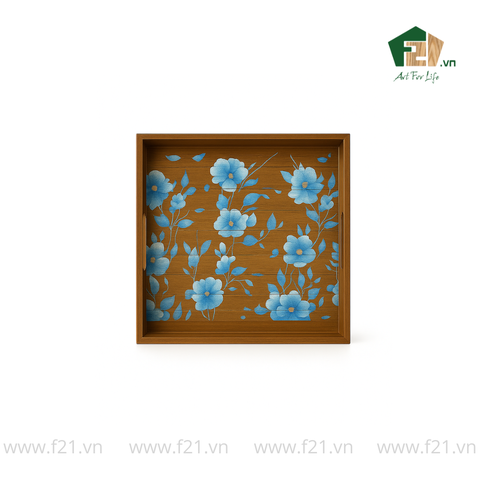 Khay gỗ tràm họa tiết hoa cúc xanh