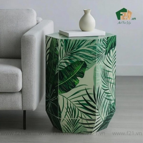 Bàn phụ hình lục giác sơn mài họa tiết lá