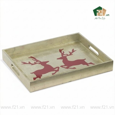 Khay chữ nhật dát vàng họa tiết tuần lộc