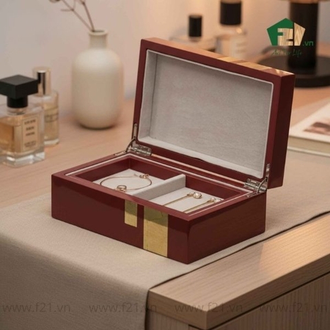 Hộp trang sức chữ nhật sơn mài họa tiết dát vàng
