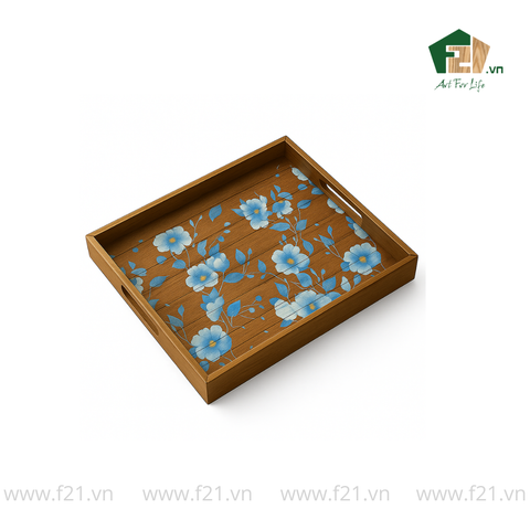 Khay gỗ tràm họa tiết hoa cúc xanh