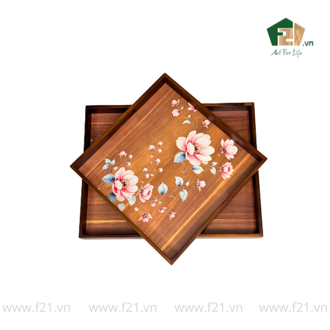 Khay gỗ tràm họa tiết hoa mẫu đơn cách điệu