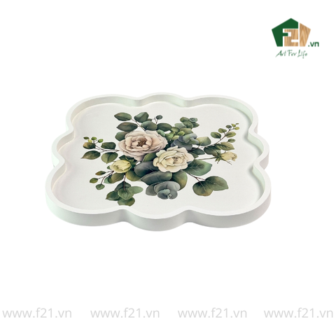 Khay vuông sơn mài trắng họa tiết con chim và hoa hồng
