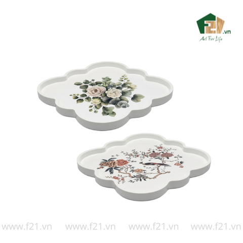 Khay vuông sơn mài trắng họa tiết con chim và hoa hồng