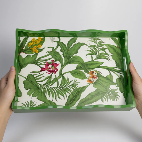 Khay chữ nhật sơn mài lượn sóng họa tiết hoa hồng và hoa lan