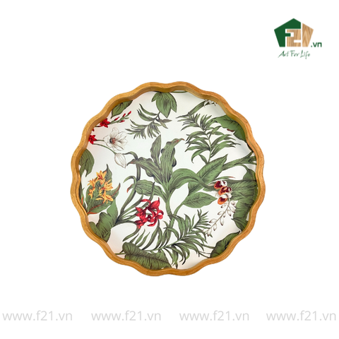 Khay tròn lượn sóng gỗ cao su họa tiết hoa phong lan - D40 x H4.8 cm