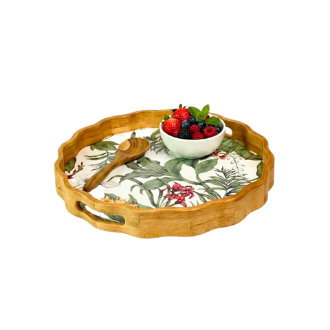 Khay tròn lượn sóng gỗ cao su họa tiết hoa phong lan - D40 x H4.8 cm