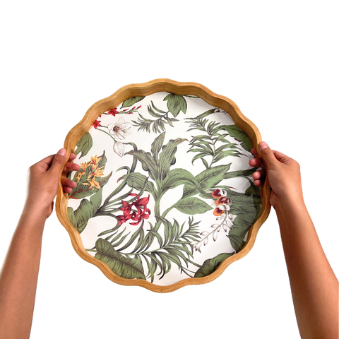 Khay tròn lượn sóng gỗ cao su họa tiết hoa phong lan - D40 x H4.8 cm