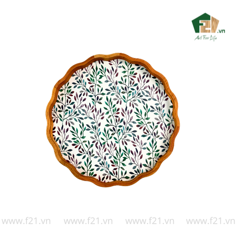 Khay tròn lượn sóng gỗ sồi họa tiết lá nguyệt quế - D40 x H4.8 cm