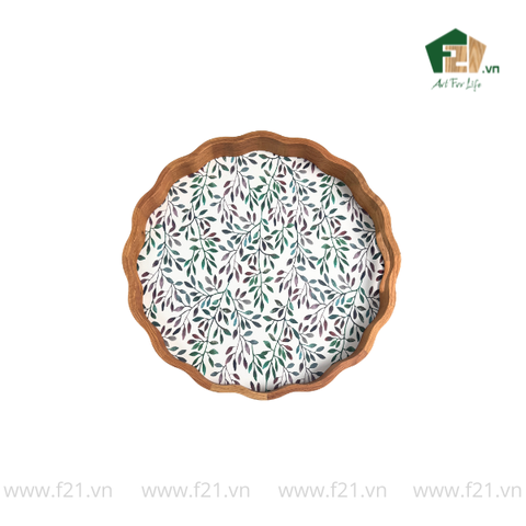 Khay tròn lượn sóng gỗ sồi họa tiết lá nguyệt quế - D40 x H4.8 cm