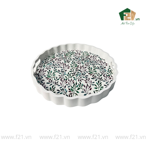 Khay tròn lượn sóng sơn mài họa tiết lá nguyệt quế - D40 x H4.8 cm