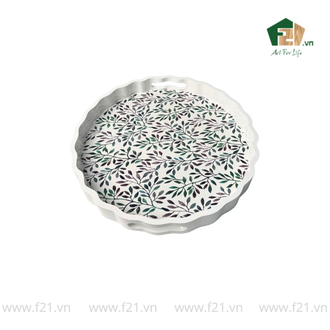Khay tròn lượn sóng sơn mài họa tiết lá nguyệt quế - D40 x H4.8 cm