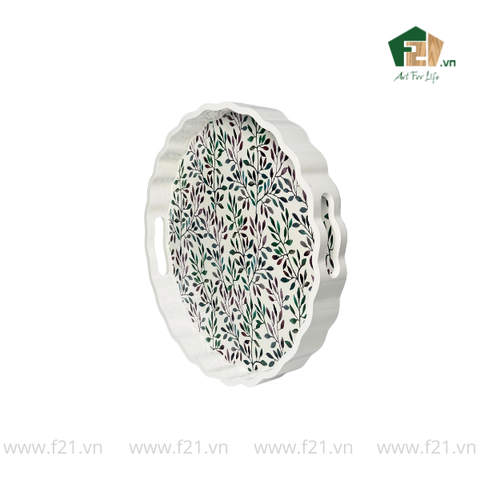 Khay tròn lượn sóng sơn mài họa tiết lá nguyệt quế - D40 x H4.8 cm