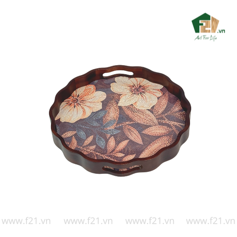 Khay tròn lượn sóng gỗ tràm họa tiết hoa hải quỳ nghệ thuật - D40 x H4.8 cm