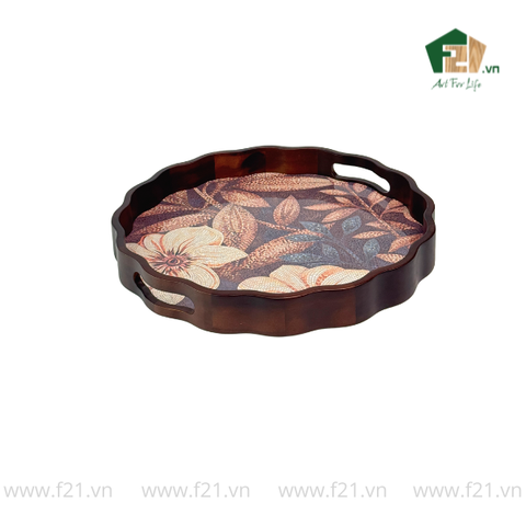 Khay tròn lượn sóng gỗ tràm họa tiết hoa hải quỳ nghệ thuật