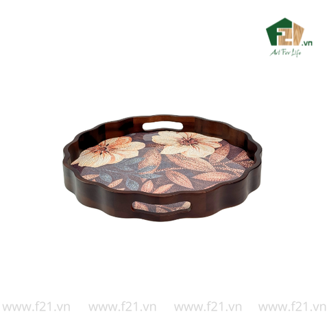 Khay tròn lượn sóng gỗ tràm họa tiết hoa hải quỳ nghệ thuật - D40 x H4.8 cm