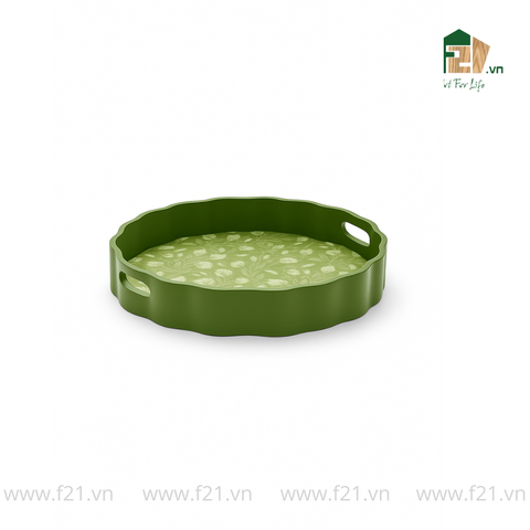 Khay tròn lượn sóng sơn mài xanh lá hoa cúc trắng