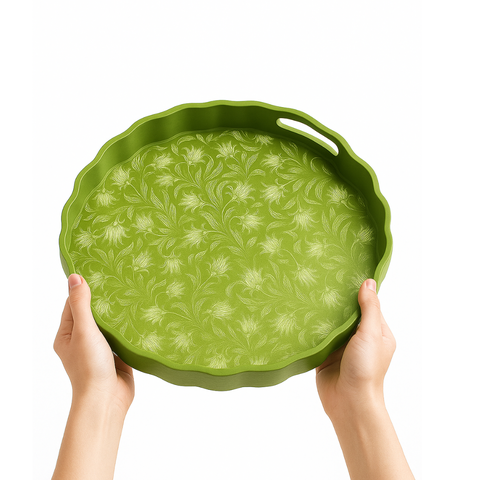 Khay tròn lượn sóng sơn mài xanh lá hoa cúc trắng