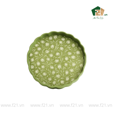 Khay tròn lượn sóng sơn mài xanh lá hoa cúc trắng