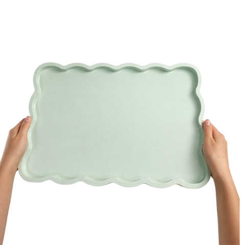 Khay chữ nhật lượn sóng sơn mài màu xanh ngọc trơn - 45.7x32 H2.5 cm