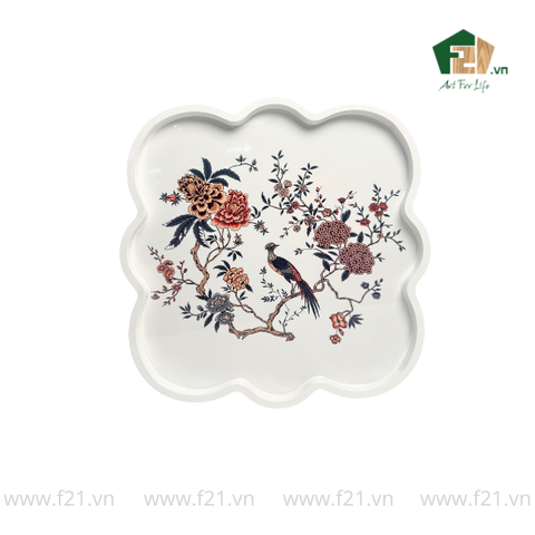 Khay vuông sơn mài trắng họa tiết con chim và hoa hồng