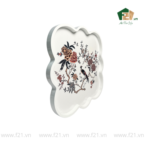 Khay vuông sơn mài trắng họa tiết con chim và hoa hồng