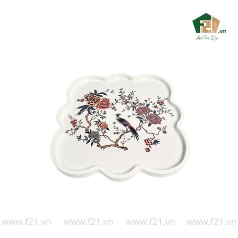 Khay vuông sơn mài trắng họa tiết con chim và hoa hồng