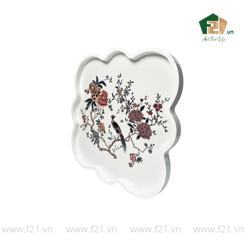 Khay vuông sơn mài trắng họa tiết con chim và hoa hồng
