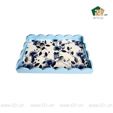 Khay chữ nhật sơn mài lượn sóng họa tiết hoa hồng và hoa lan