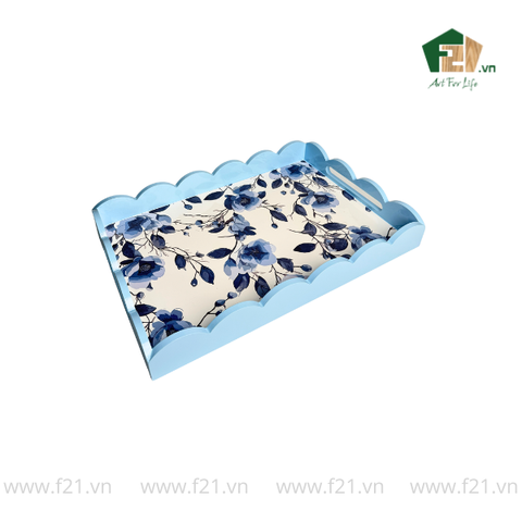 Khay chữ nhật sơn mài lượn sóng họa tiết hoa hồng và hoa lan