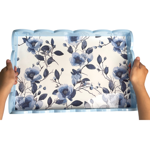 Khay chữ nhật sơn mài lượn sóng họa tiết hoa hồng và hoa lan