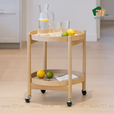 Xe đẩy rượu gỗ sồi 2 tầng kèm khay tròn tháo rời