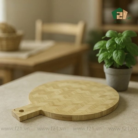 Thớt tròn gỗ tự nhiên vân xương cá có tay cầm