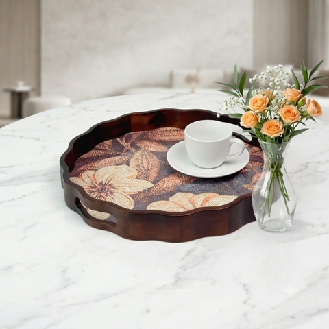 Khay tròn lượn sóng gỗ tràm họa tiết hoa hải quỳ nghệ thuật - D40 x H4.8 cm