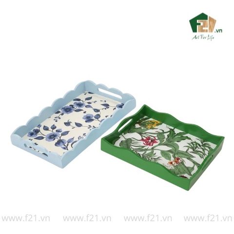 Khay chữ nhật sơn mài lượn sóng họa tiết hoa hồng và hoa lan