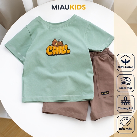 Đồ Bộ Bé Trai Cotton Họa Tiết Gấu Chill Cộc Tay Thoáng Mát MiauKids