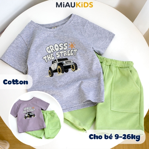 Bộ thun cộc tay cotton in hình xe ô tô cool ngầu cho bé trai 1-8 tuổi