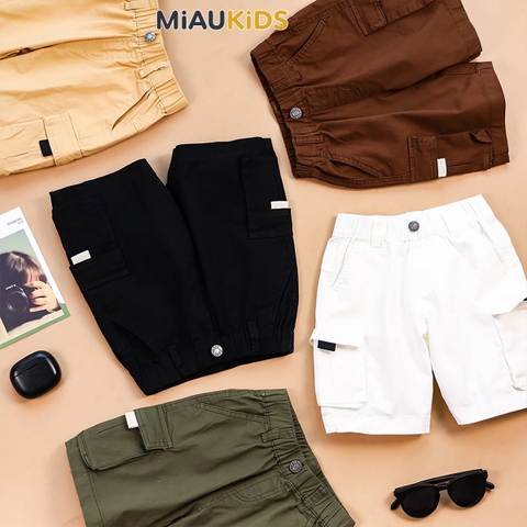 Quần short kaki túi hộp bé trai cotton co giãn phong cách Hàn Quốc