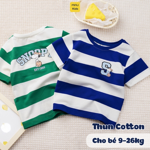 Áo thun sọc cho bé trai in hình chú chó Snoopy dễ thương, chất thun cotton tổ ong thoáng mát cho bé mặc đi học đi chơi